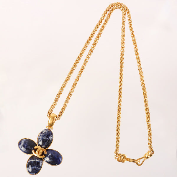 CHANEL Around 1995 Made Marble Stone Cc Mark Flower Motif Necklace Royal Blue