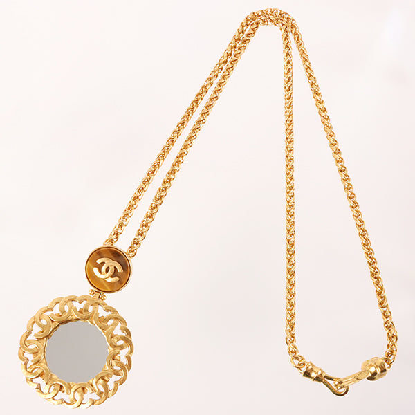 CHANEL 1995 Made Tiger Eye Circle Cc Mar Mirror Necklace