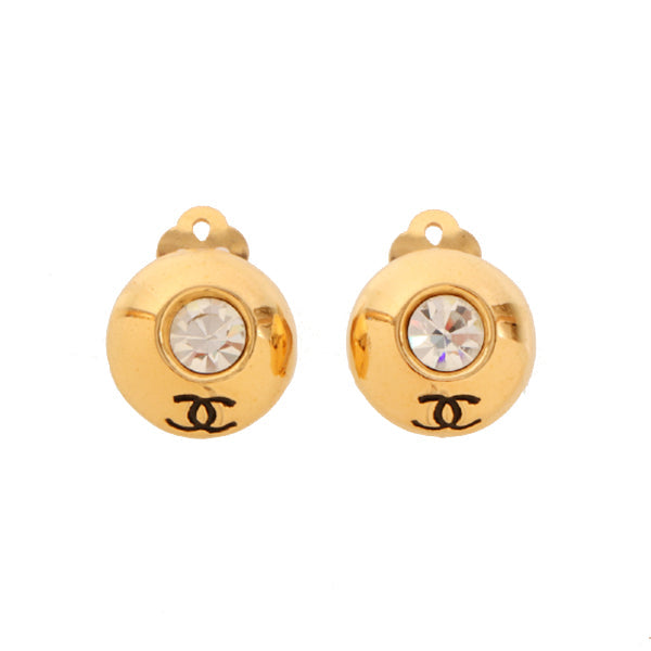 CHANEL Rhinestone Round Cc Mark Earrings