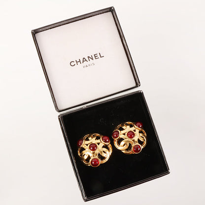 CHANEL 1990 Made Gripoix Triple Cc Mark Earrings Red