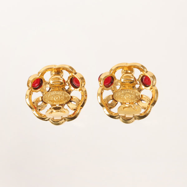 CHANEL 1990 Made Gripoix Triple Cc Mark Earrings Red