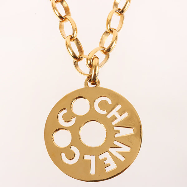 CHANEL Round Cutout Logo Plate Necklace