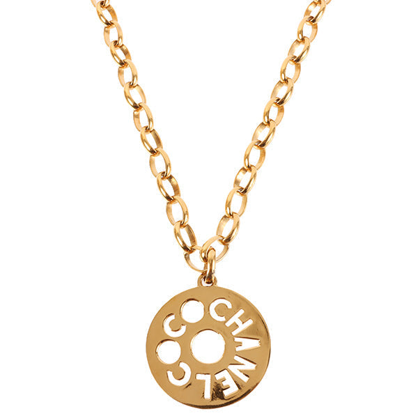 CHANEL Round Cutout Logo Plate Necklace