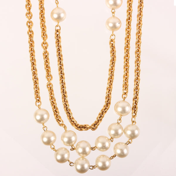 CHANEL Triple Pearl Long Chain Necklace