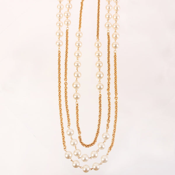 CHANEL Triple Pearl Long Chain Necklace