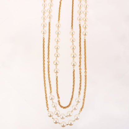 CHANEL Triple Pearl Long Chain Necklace