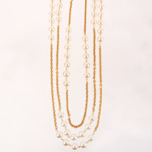 CHANEL Triple Pearl Long Chain Necklace