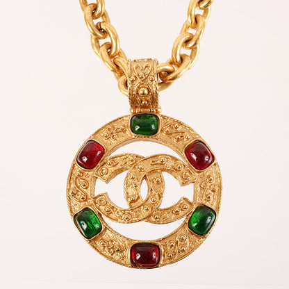 CHANEL Made Gripoix Round Cutout Cc Mark Necklace Green/Red