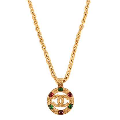 CHANEL Made Gripoix Round Cutout Cc Mark Necklace Green/Red