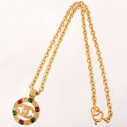 CHANEL Made Gripoix Round Cutout Cc Mark Necklace Green/Red