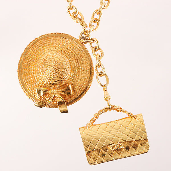 CHANEL Straw Hat Matelasse Bag Motif Necklace