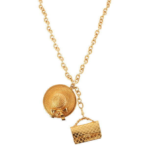 CHANEL Straw Hat Matelasse Bag Motif Necklace