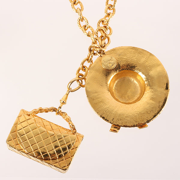 CHANEL Straw Hat Matelasse Bag Motif Necklace