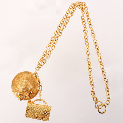 CHANEL Straw Hat Matelasse Bag Motif Necklace