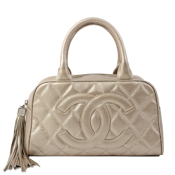 Chanel Around 2005 Made Caviar Skin Fringe Cc Mark Stitch Boston Bag Matte Silver