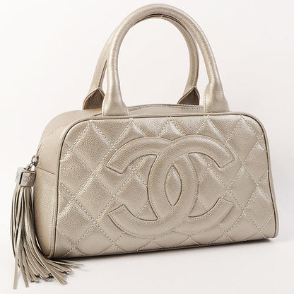 Chanel Around 2005 Made Caviar Skin Fringe Cc Mark Stitch Boston Bag Matte Silver