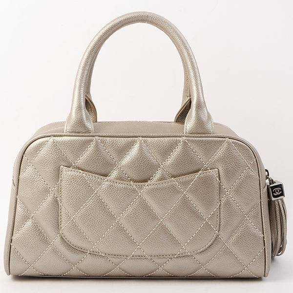 Chanel Around 2005 Made Caviar Skin Fringe Cc Mark Stitch Boston Bag Matte Silver