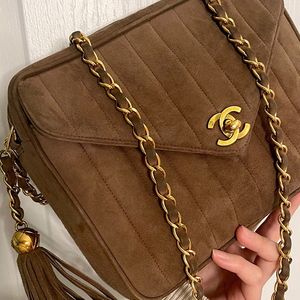 Chanel Suede V Flap Mademoiselle Stitch Fringe Chain Bag Mocha Brown