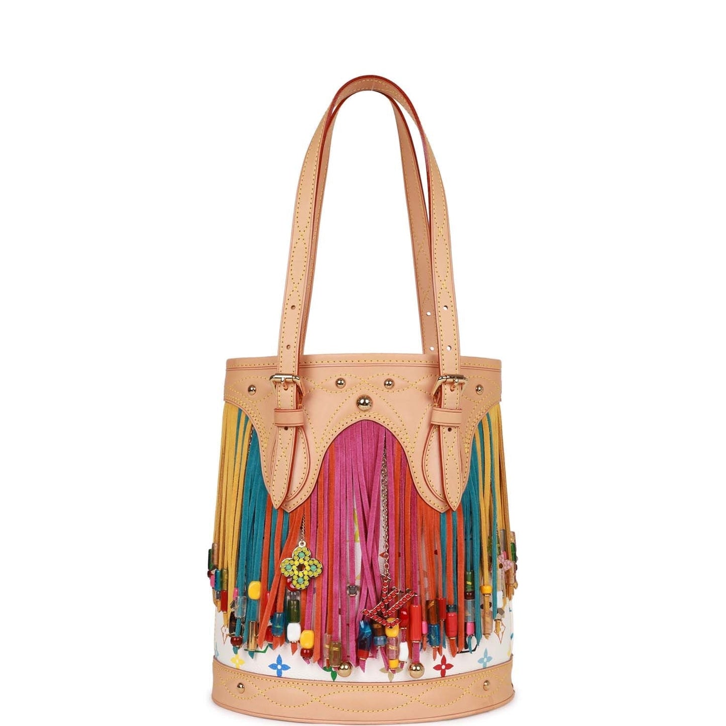 Vintage Louis Vuitton White Multicolor Fringe Bucket Bag