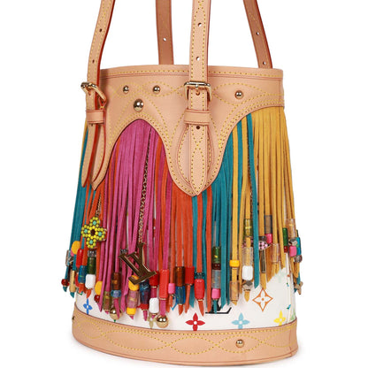 Vintage Louis Vuitton White Multicolor Fringe Bucket Bag