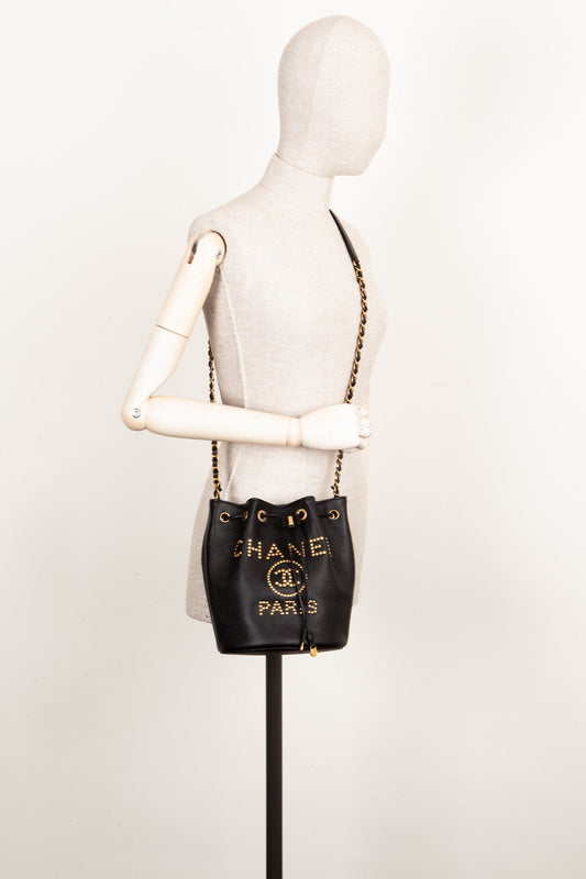 CHANEL Deauville Drawstring Bucket Bag Black