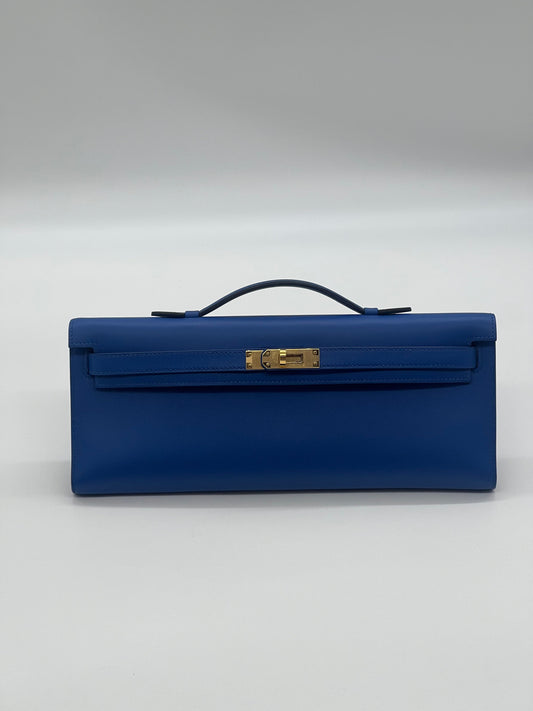 Hermes Kelly Cut Clutch Swift Calfskin Bleu France Gold Hardware