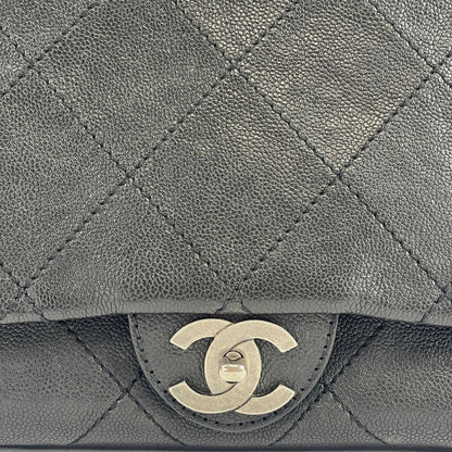 CHANEL - CC Ligne Flap Large Bag Black / Silver Caviar Leather Shoulder Bag