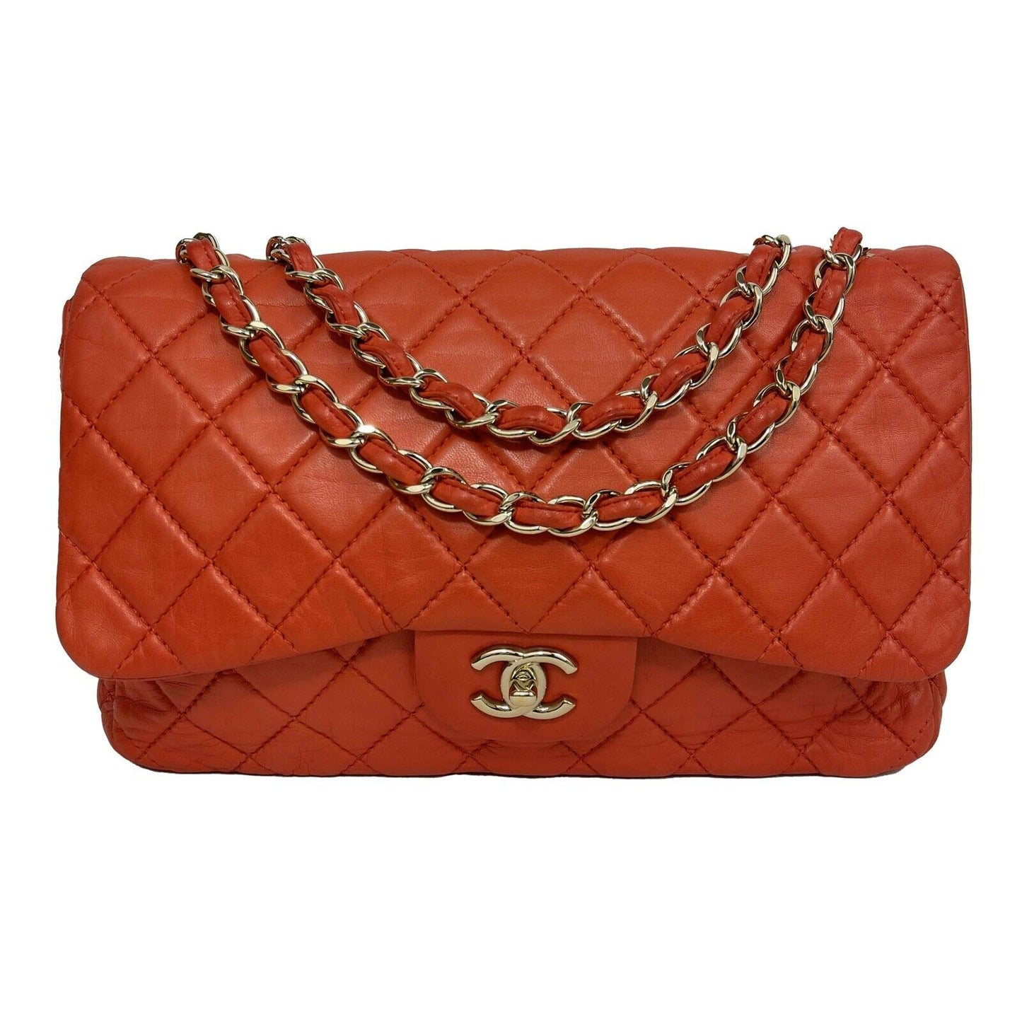 CHANEL - Classic Single Flap Jumbo Quilted Lambskin - Champagne Gold Red Handbag