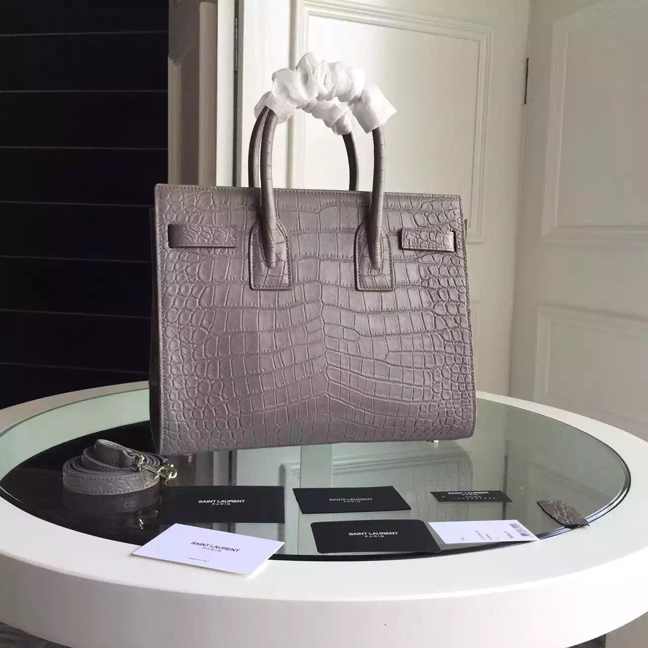 Yves Saint Laurent Small Sac De Jour Croc Embossed Grey Bag