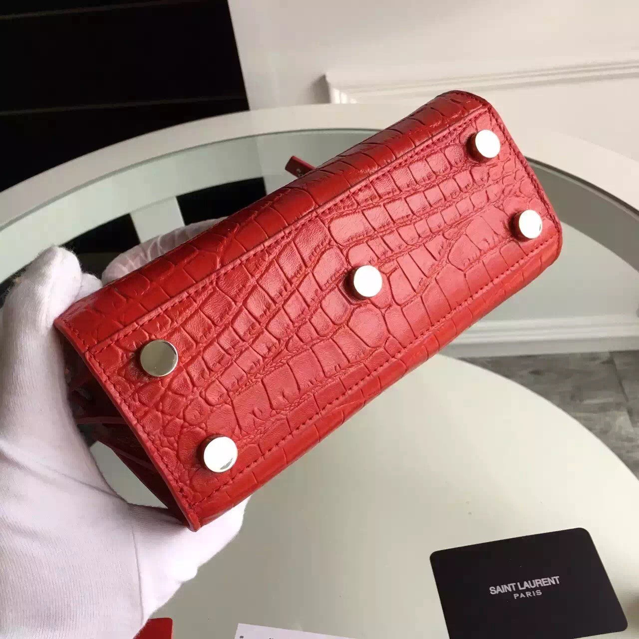 Yves Saint Laurent Nano Sac De Jour Croc Embossed Red Bag