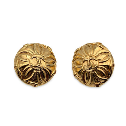 CHANEL Vintage Gold Metal Round Embossed Cc Logo Clip On Earrings