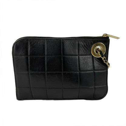 CHANEL - Vintage Mini Handcuff Wristlet Clutch - Black / Beige / Gold Ring