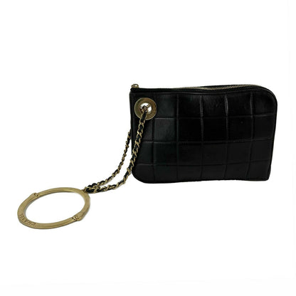 CHANEL - Vintage Mini Handcuff Wristlet Clutch - Black / Beige / Gold Ring