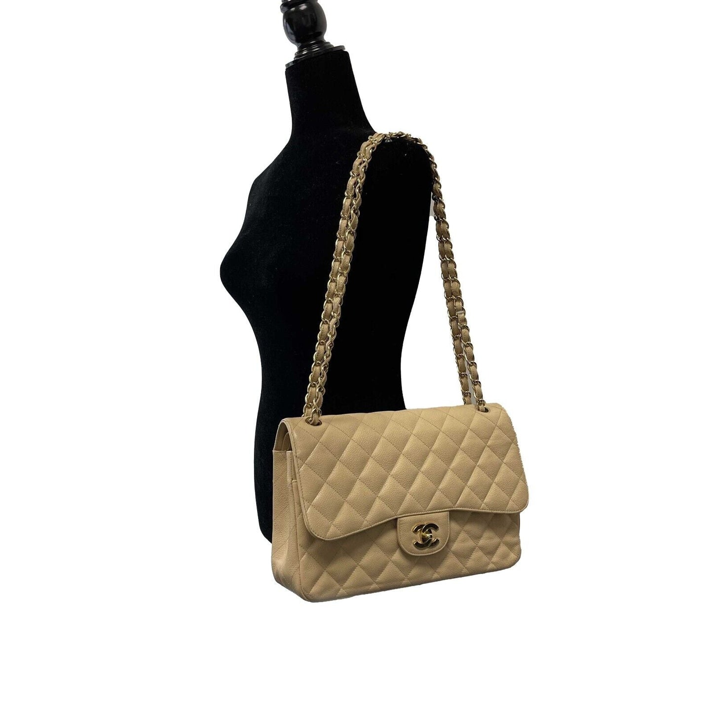 CHANEL - Large CC Caviar Leather Double Flap Tan Shoulder Bag