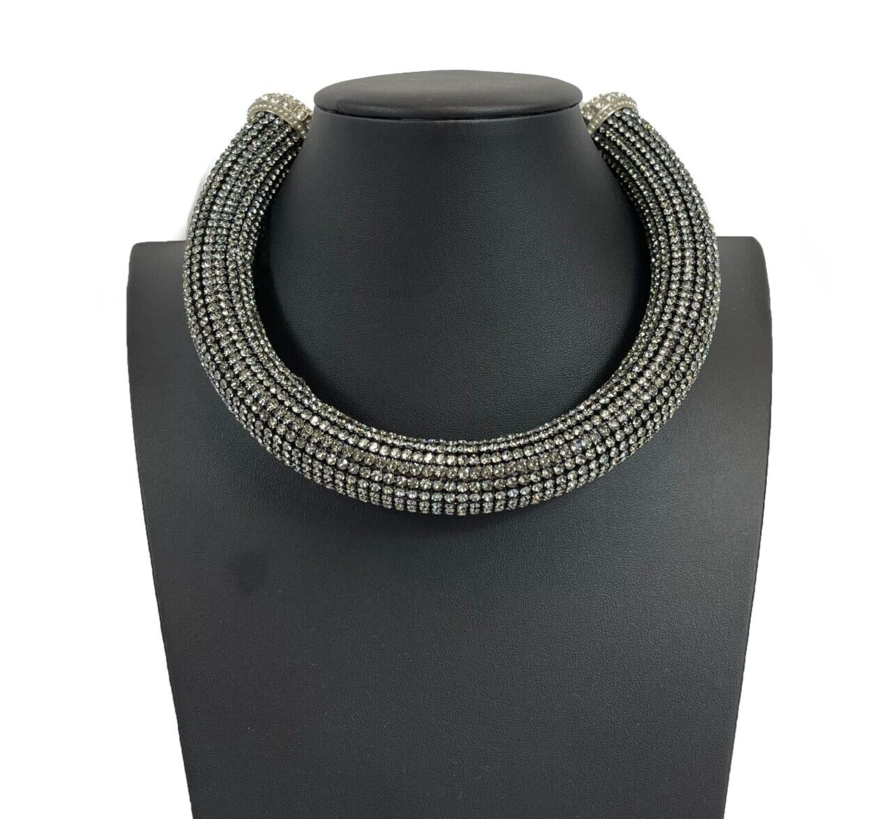 CHANEL - 17K CC Rhinestone Crystal Choker Necklace - Black / Silver