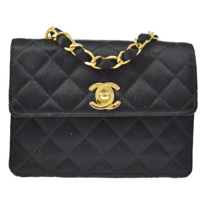 CHANEL 1989-1991 Straight Flap Bag Micro Black Satin AK31543k