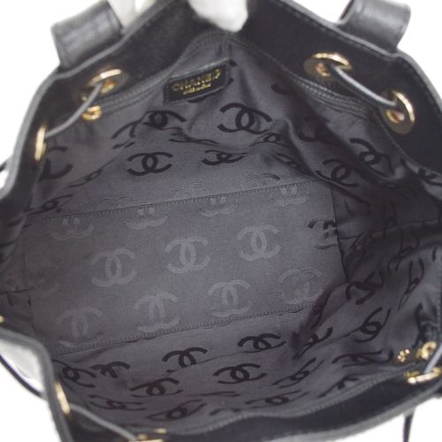 CHANEL 2001-2003 CC Logos Drawstring Hand Bag Black Caviar Skin ao23096