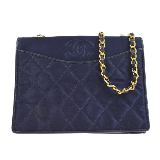 CHANEL 1989-1991 Single Chain Shoulder Bag Navy Satin ao34414