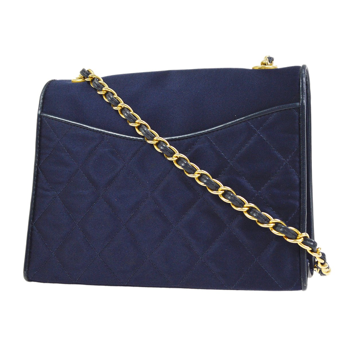 CHANEL 1989-1991 Single Chain Shoulder Bag Navy Satin ao34414