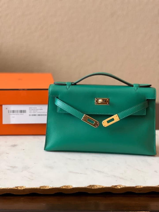 Hermes Kelly Pochette Vert Vertigo Swift Gold Hardware