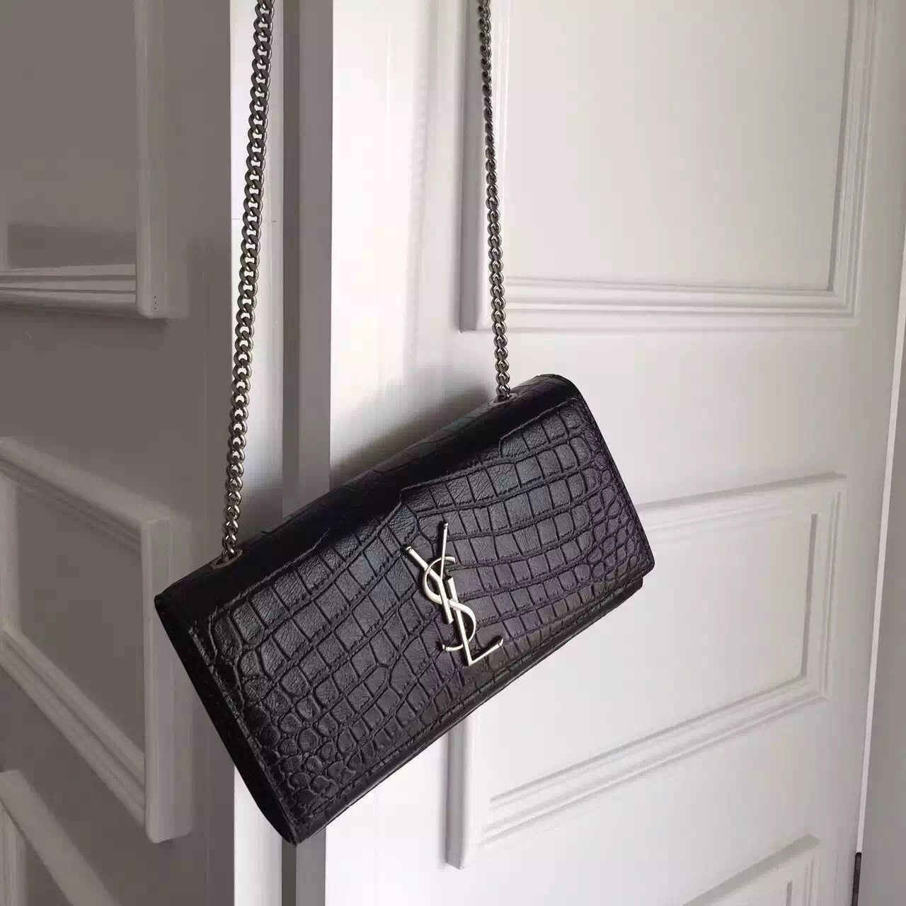 Yves Saint Laurent Medium Monogram Satchel In Black Crocodile Leather