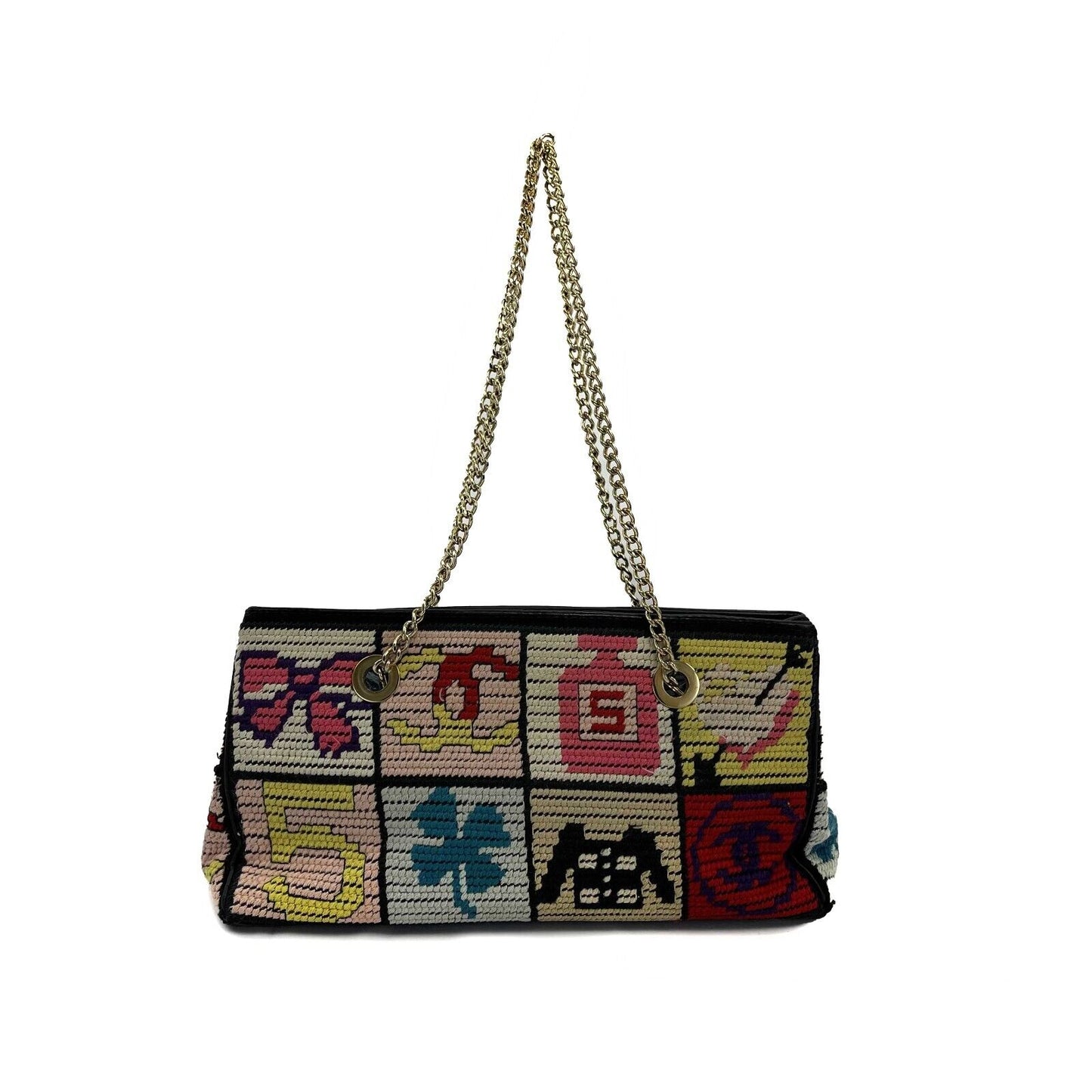 CHANEL - Multicolor Knit Needlepoint Patchwork CC Shoulder Bag