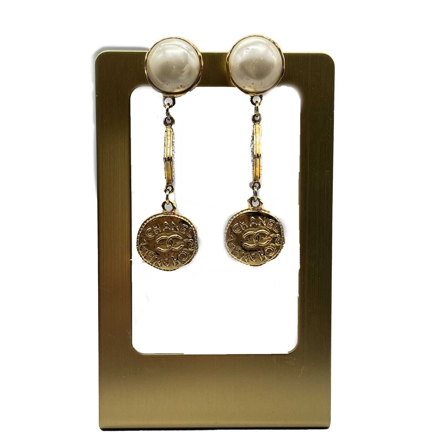 CHANEL  Vintage 1970s Faux Pearl Medallion CC '' Clip-On Earrings