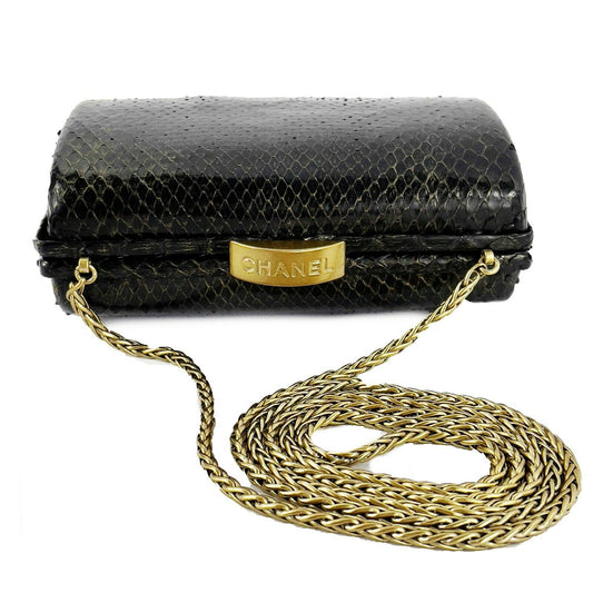 CHANEL - VTG 1990s Black Snakeskin Crossbody Minaudiere Clutch - Stamped Closure