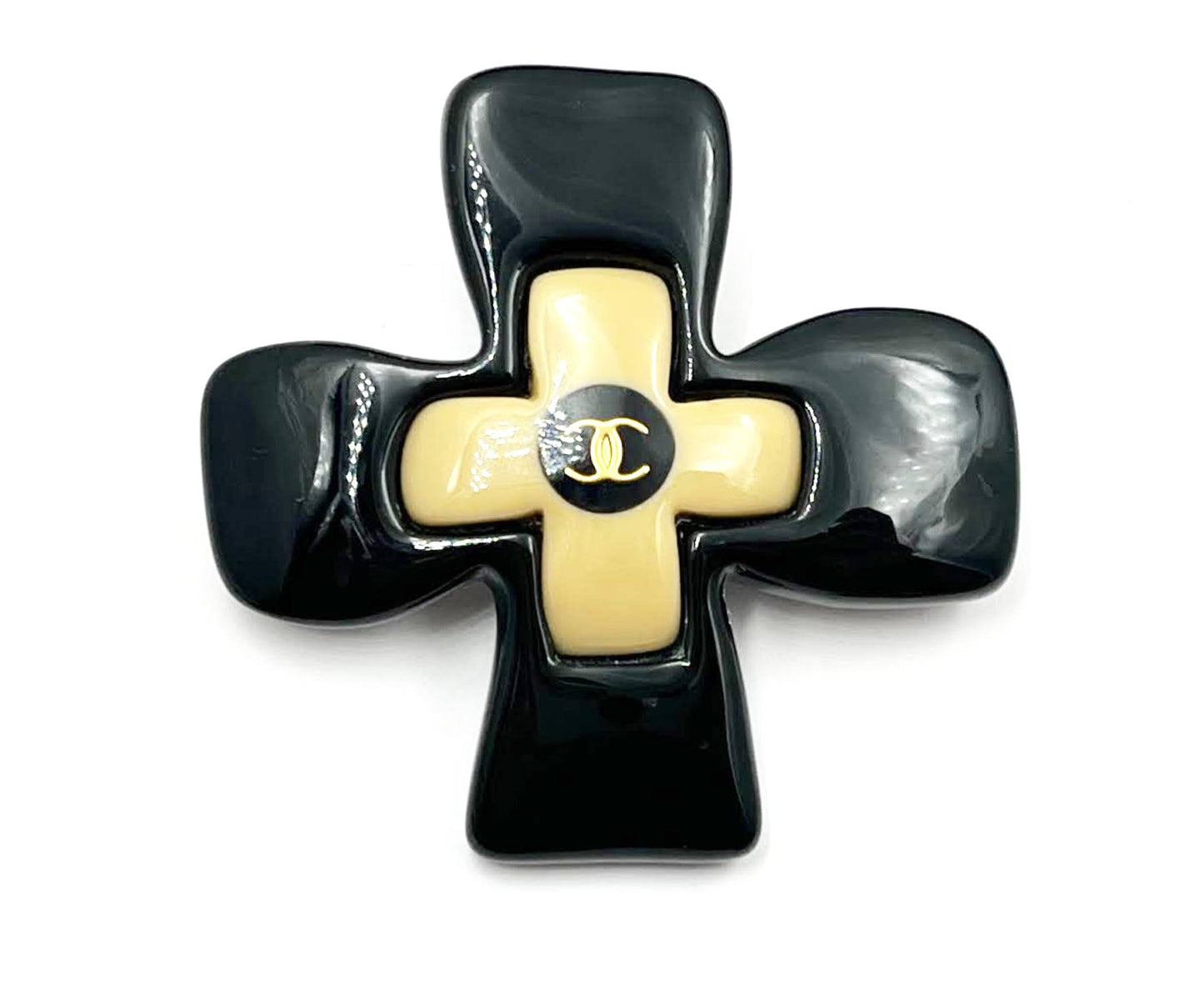 CHANEL Vintage Gold Plated Beige Black CC Cross Clip on Earrings Brooch Set