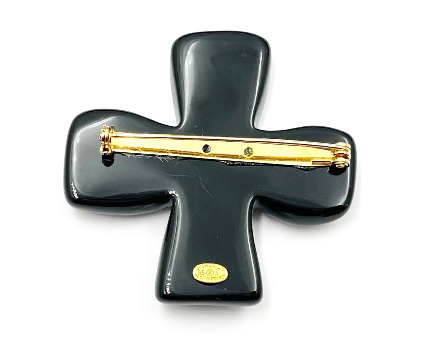 CHANEL Vintage Gold Plated Beige Black CC Cross Clip on Earrings Brooch Set