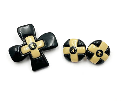 CHANEL Vintage Gold Plated Beige Black CC Cross Clip on Earrings Brooch Set