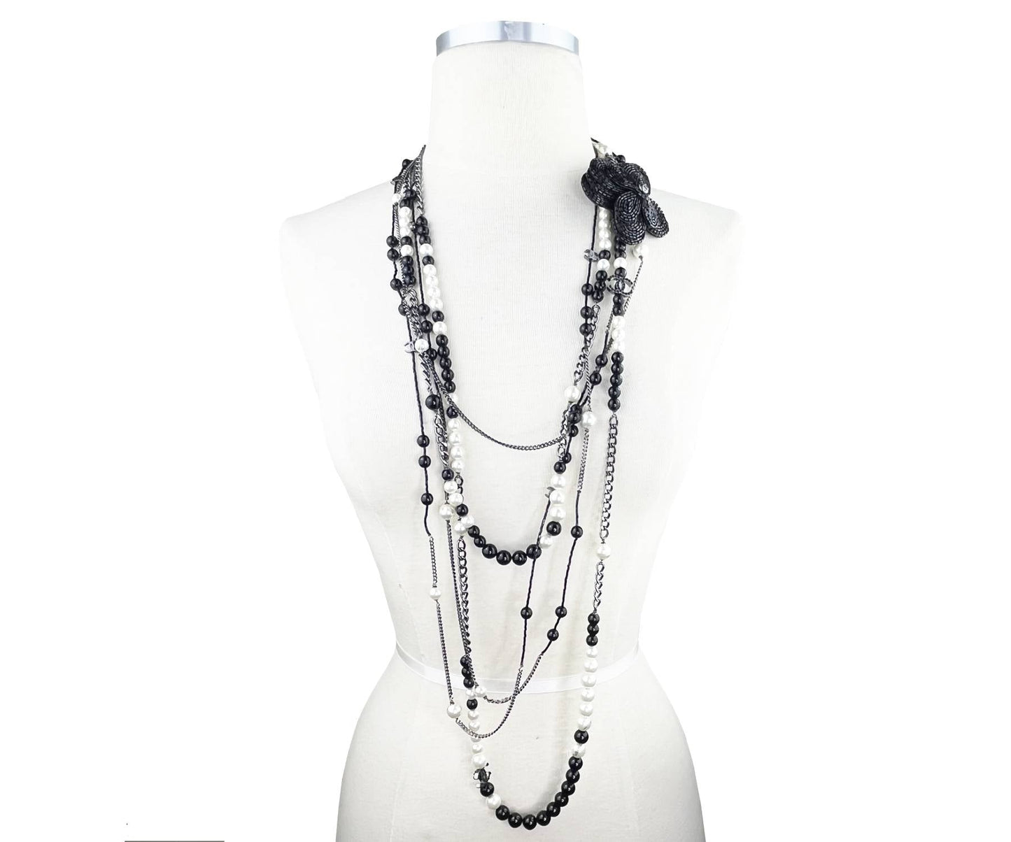 CHANEL Black CC Beaded Flower Pin Black Bead Pearl 5 Strand Necklace