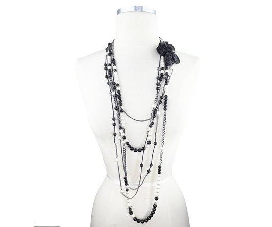 CHANEL Black CC Beaded Flower Pin Black Bead Pearl 5 Strand Necklace