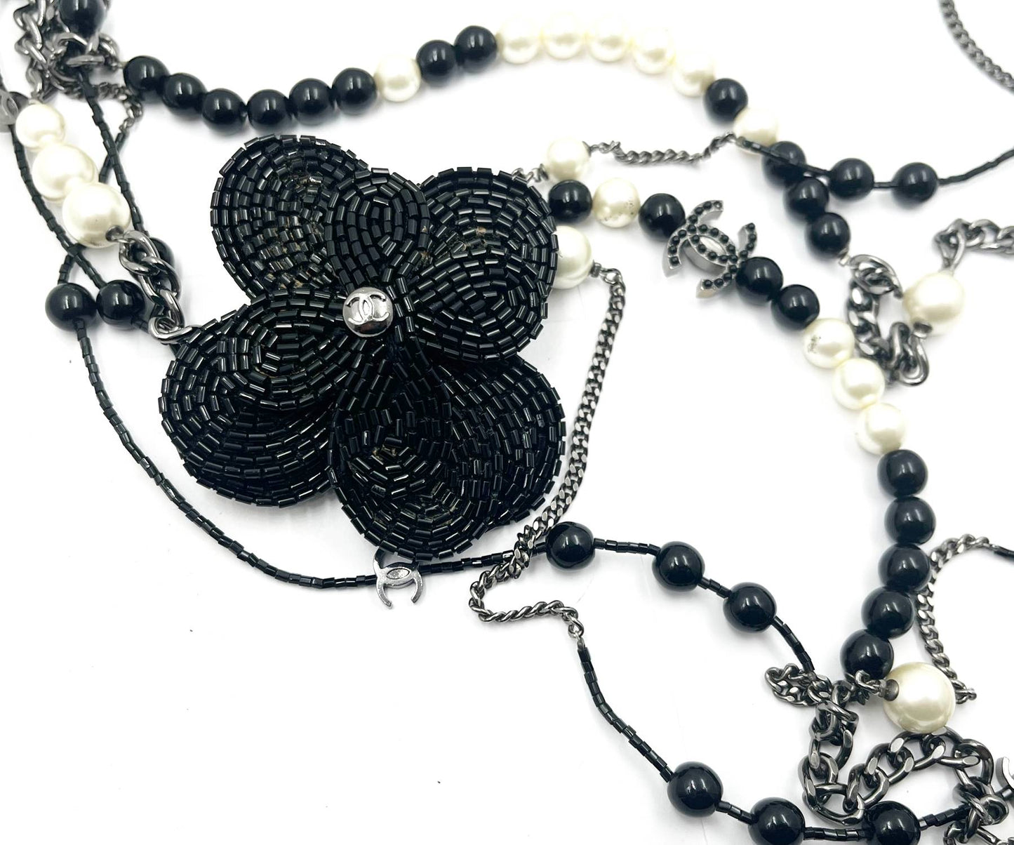 CHANEL Black CC Beaded Flower Pin Black Bead Pearl 5 Strand Necklace